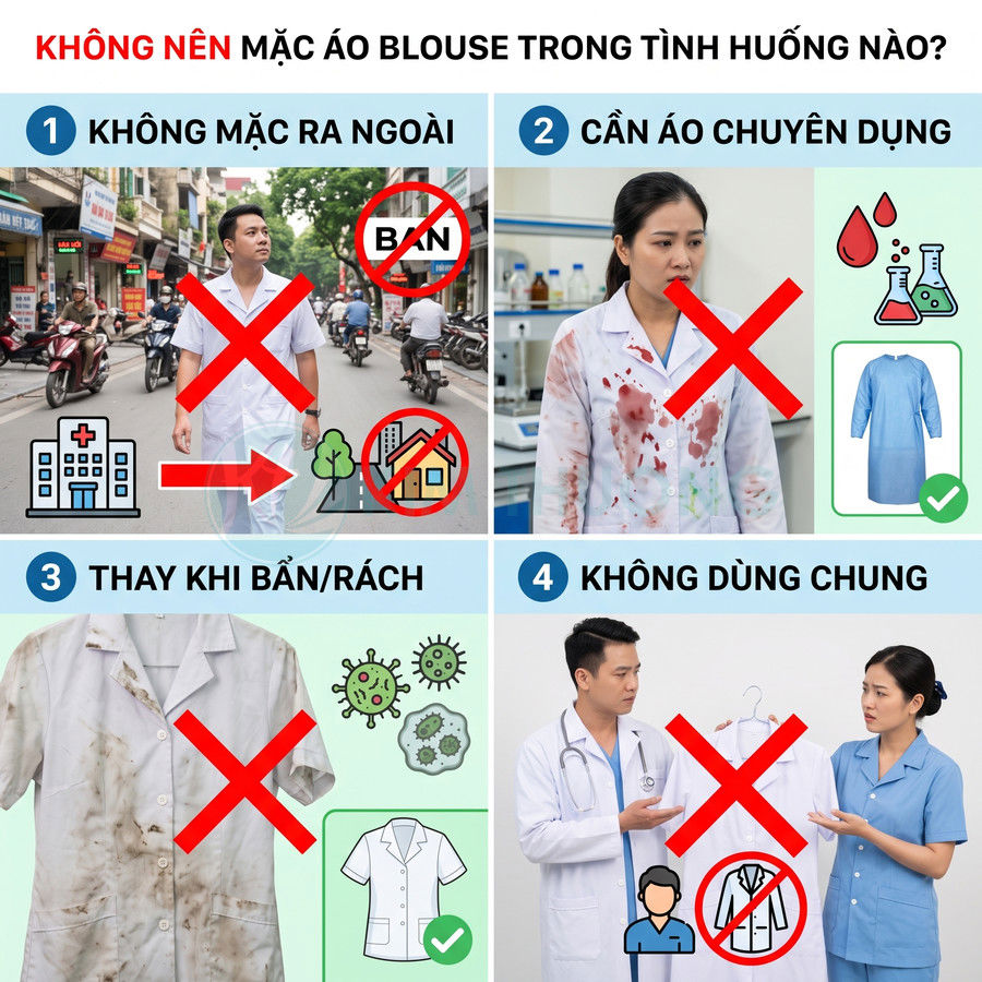 Hướng dẫn sử dụng áo blouse y tế đúng cách, không mặc ra ngoài, thay khi bẩn rách và không dùng chung